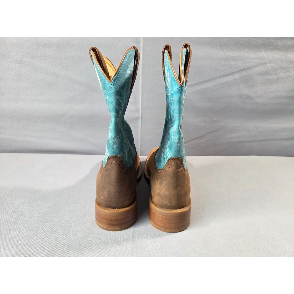 Justin Cowboy Boots Mens 11.5D Brown Blue Big Bucks Wide Square Toe Vibram Sole - Picture 10 of 15